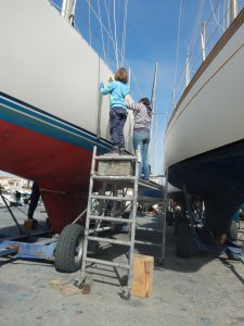 Milly and Heather removing the UV damaged stripes